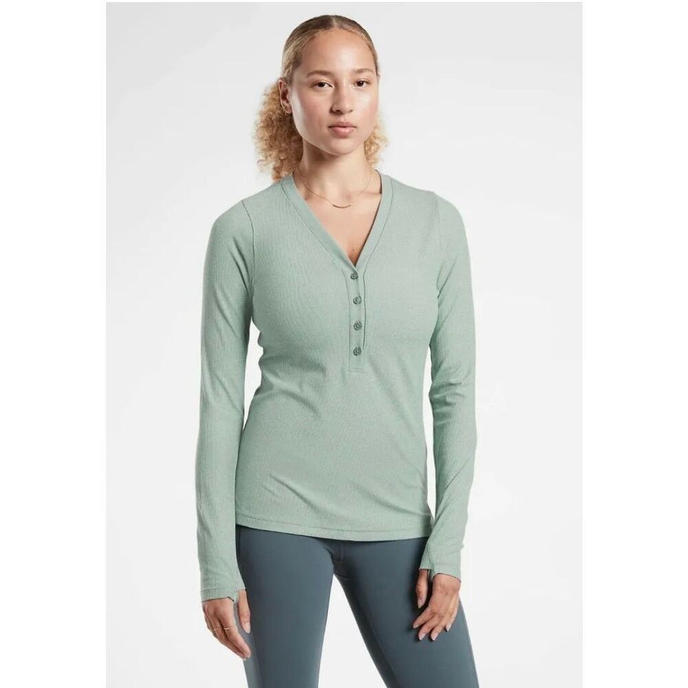Womens Athleta Uptempo Minimalistic Grey Ribbed Casual Henley Top - Sz L